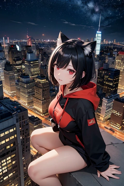 Female Solo、Black hair short bob、large full breasts、Slender eyes、Red Eyes、cat ear hoodie、Jersey、Composition overlooking the New York skyline(On the roof of a building in Manhattan)、actionpose、Parkour、hightquality、high-detail、8K picture quality、Night background、spot light、Fragments of stars shining in the city lights、key art、masterpiece