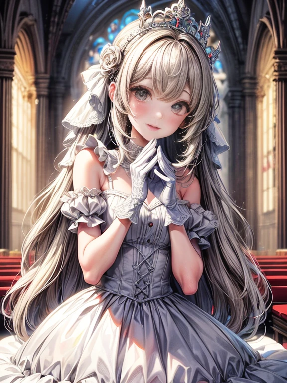 In front of the altar of a majestic church、（blurry backround）、brightened light、golden long hair girl、Classic White Wedding Dresses、（elegant luster）、（Lots of races）、lots of ribbons、（（voluminous puff sleeves））、long cuffs with many buttons、golden embroidery、Long Train、white embroidered gloves、5 fingers、A smile、Redness of the cheeks、（（very closeup））