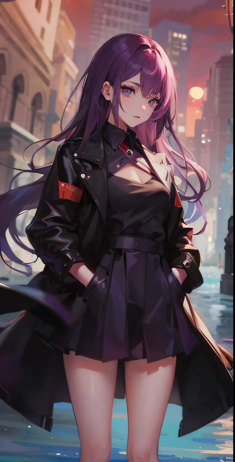 Gorgeous purple hair，purpleeyes，the sunset，By the beach of the sea