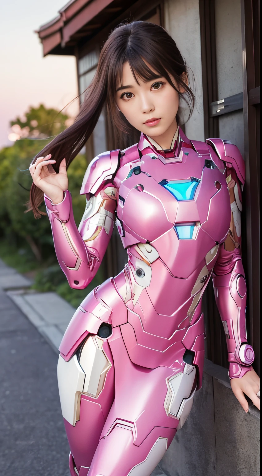 （Highest quality、In 8K、Masseter region、Delicate illustrations、Whole Body Ezbian）,Wearing a pink and white Iron Man suit:1.5、Two beautiful and attractive Japanese women、Plump body、Black curly hair、smile、what&#39;Left behind、Rear View、looked back、Laughter
