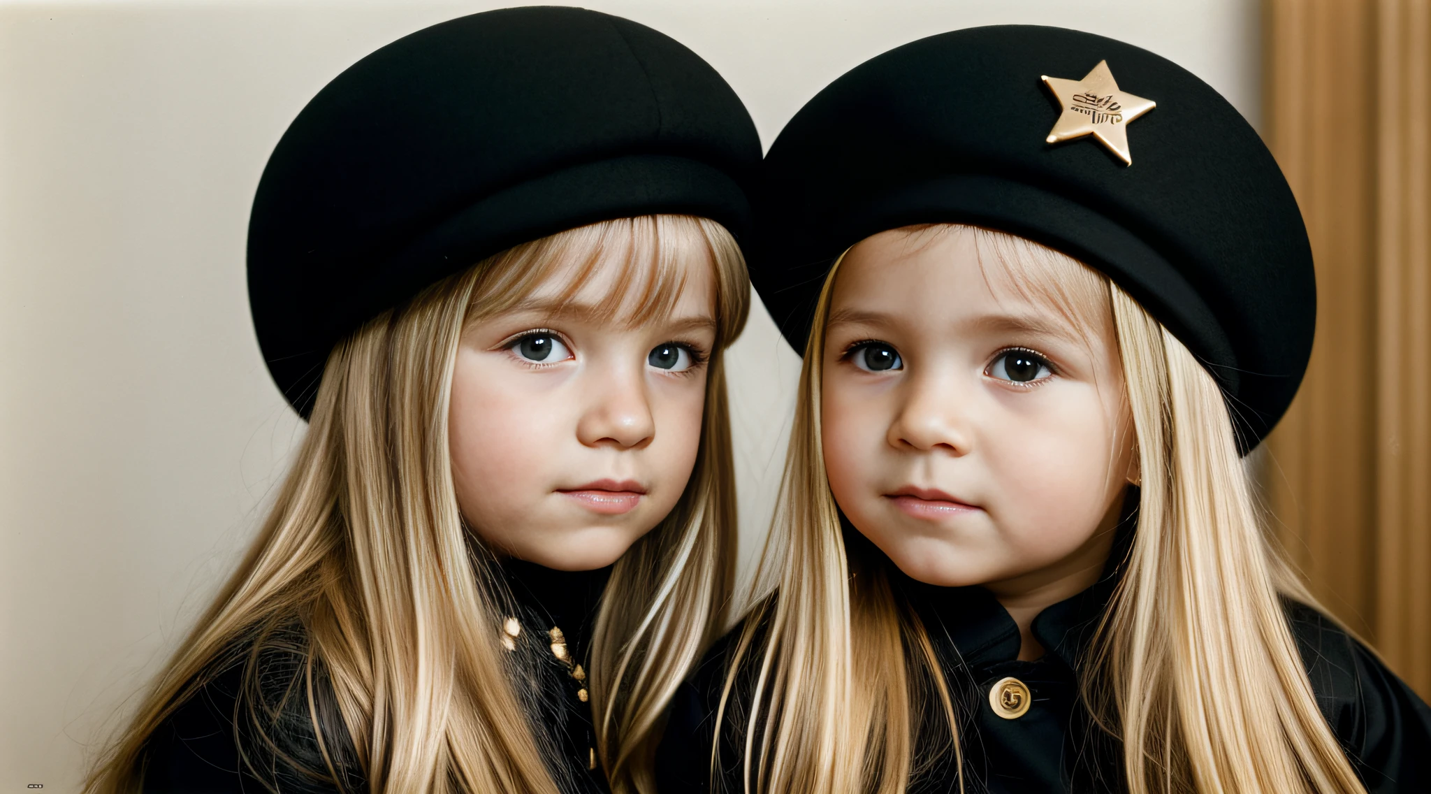 a close-up of a blonde child with long hair and a black hat with a star, URSS, boina preta com uma estrela vermelha, russo, Russia, kalap, Eslavo, boina preta, 1972 soviético, CCCP, plush