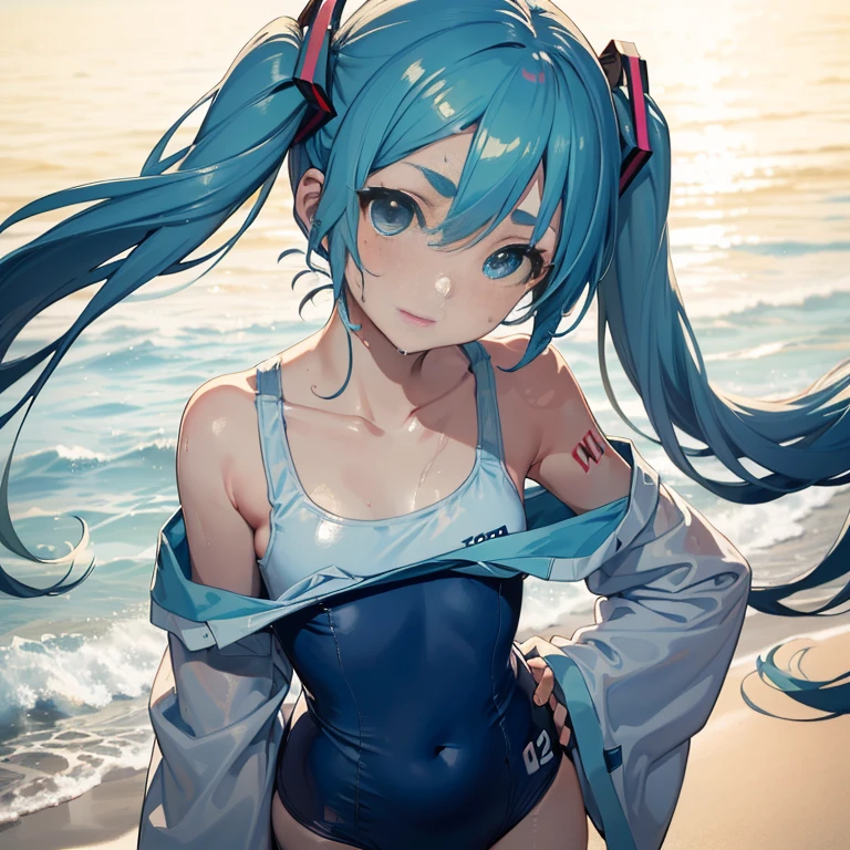 (masterpiece, best quality, 8k wallpaper:1.2 ), ultra detailed, absurdres, highres, long blue-green twintail hair, (hatsune miku:1.3), 9 yo, Elementary school student, short legs, short arms, petit, being stumpy, (bend over forwards deeply from side view, ((1girl)), (flat chest), (standing, in beach side:1.1), (((glossy slippy smooth texture {blue|black} one-piece japanese school swimsuit:1.3))), flat chest, ((merciful motherfood facial expression)), (((Proudly showing flat chest:1.3, clavicle focus))), (looking at viewer), upper body, close up flat chest, too sweaty body, silky skin, beautiful eyes, long hair flowing with the wind, beautiful smile line, flat chest, big blue eyes, shiny hair, beautiful detailed eyes, beautiful detailed skin, beautiful detailed clothes, Bend sideways, hand on hip, head tilt:1.2, troubled eyebrows, framed double breasts, under bust, too wet skin, too wet clothes, glossy skin, glossy clothes, skindentation, skin tight,
