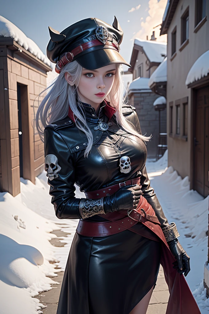 full body Esbian, of the highest quality, Intricately detailed skins, Shiny skin, Shiny hair, pale complexion，Big breasts), 　Red sky,　Continuous snow， Castle terrace, ((Skull Mark)), ambitious, Seductive Woman, Gray hair, Long hair, Hair fluttering in the wind, Skull mask on half of the face, Detailed tattoos, Red leather clothes, Red sleeveless clothes, Black leather coat, Black leather gloves, Solid Gold Bracelet, leather skirt red skirt, , Hat with skull marker, (Leather Belt), Look far away