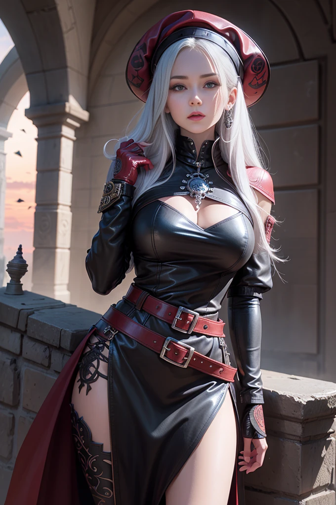 full body Esbian, of the highest quality, Intricately detailed skins, Shiny skin, Shiny hair, pale complexion,Big breasts), Red sky, Continuous snow, Castle terrace, ((Skull Mark)), ambitious, Seductive Woman, Gray hair, Long hair, Hair fluttering in the wind, Skull mask on half of the face, Detailed tattoos, Red leather clothes, Red sleeveless clothes, Black leather coat, Black leather gloves, Solid Gold Bracelet, leather skirt red skirt, , Hat with skull marker, (Leather Belt), Look far away