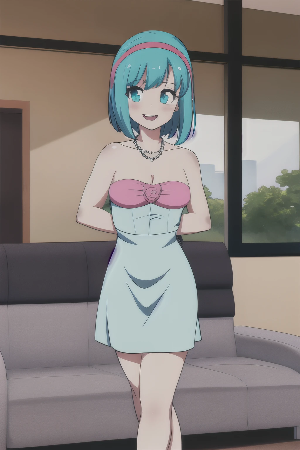 Bulma, Aqua Hair, Short Hair, Bob Hair, Pink Hairband, bare shoulders, pearl necklace, blue dress, strapless tube dress, medium chest, smile, open mouth, hand behind back, looking at viewer, room, couch, seductive, high quality, best illustration