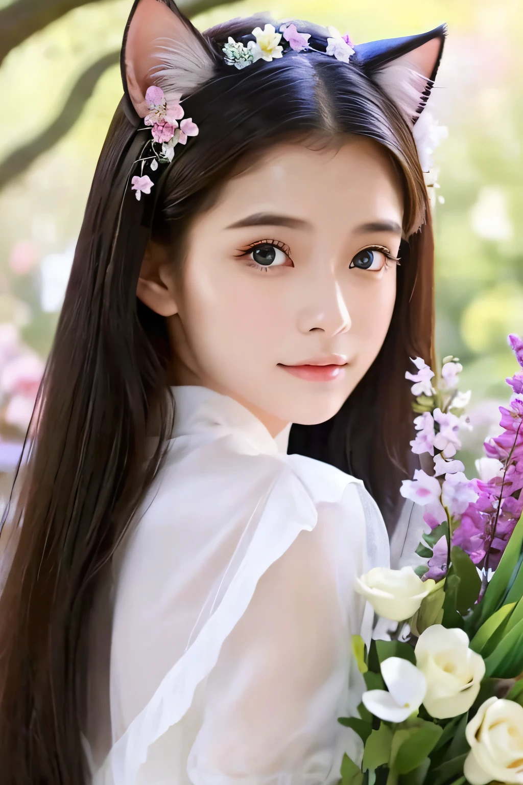 angelicales、girl with、Cat's ears、beckoning cat、beautidful eyes、Luxurious flowers々are surrounding her,her face is staring straight at me.、Front-facing body、There's an angel ring on your head、
