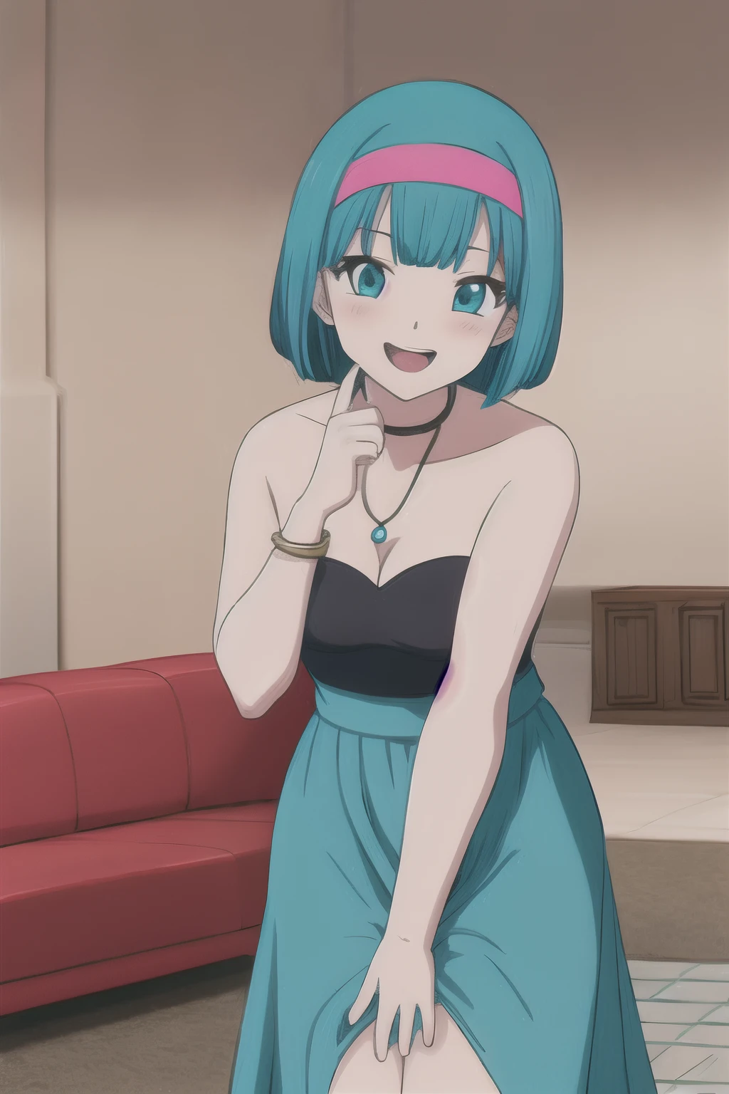 Bulma, Aqua Hair, Short Hair, Bob Hair, Pink Hairband, bare shoulders, pearl necklace, blue dress, strapless tube dress, medium chest, smile, open mouth, hand behind back, looking at viewer, room, couch, seductive, high quality, best illustration