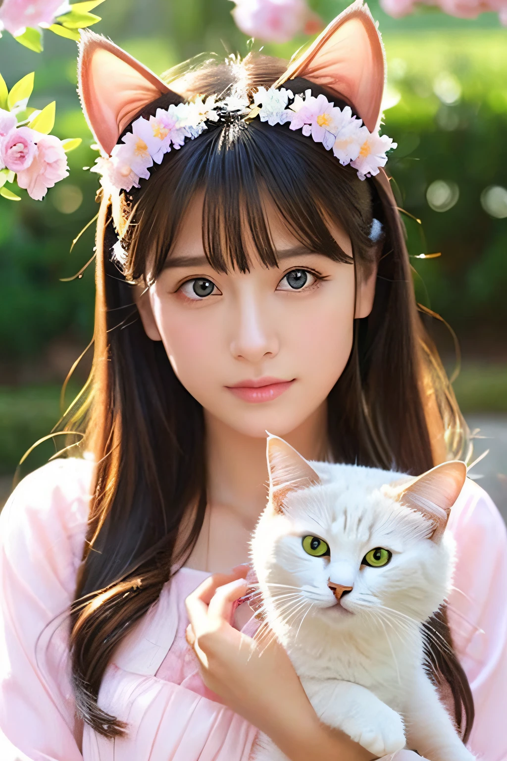 angelicales、girl with、Cat's ears、beckoning cat、beautidful eyes、Luxurious flowers々are surrounding her,her face is staring straight at me.、Front-facing body、There's an angel ring on your head、