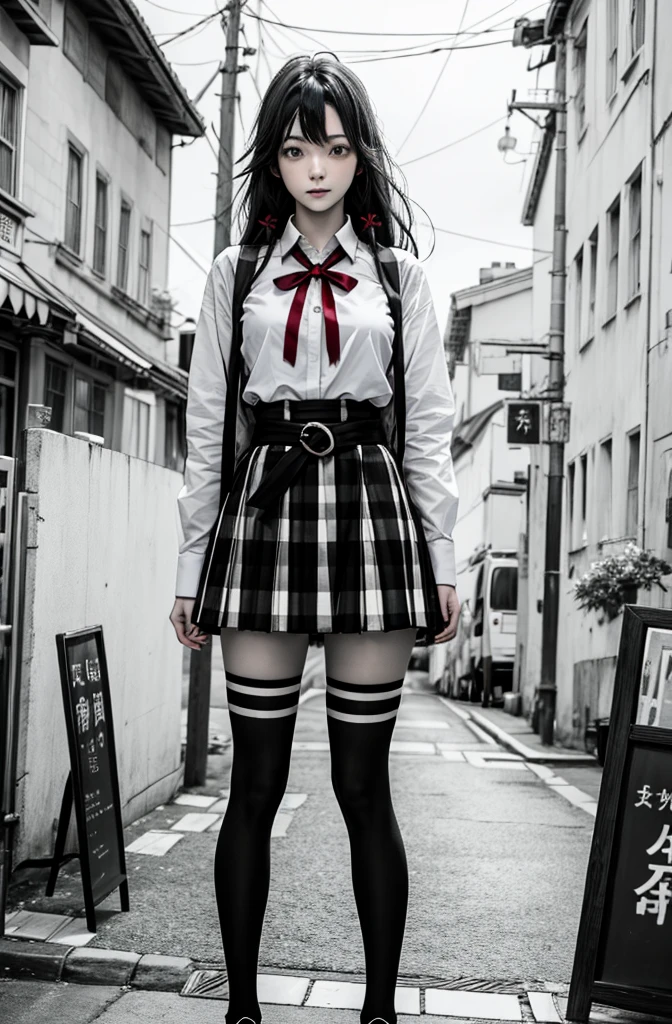 1 girl as yukino yukinoshita, absurdres, highres, solo, school uniform, big breasts, waist long black hair, (twintails:0.5), miniskirt, black thighhigh socks, loose red ribbon, unbuttoned white shirt
