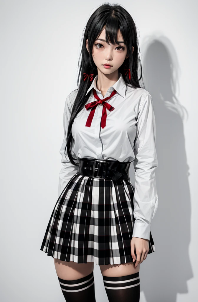1 girl as yukino yukinoshita, absurdres,  highres, solo, school uniform, big breasts, waist long black hair, (twintails:0.5), miniskirt, black thighhigh socks, loose red ribbon, unbuttoned white shirt