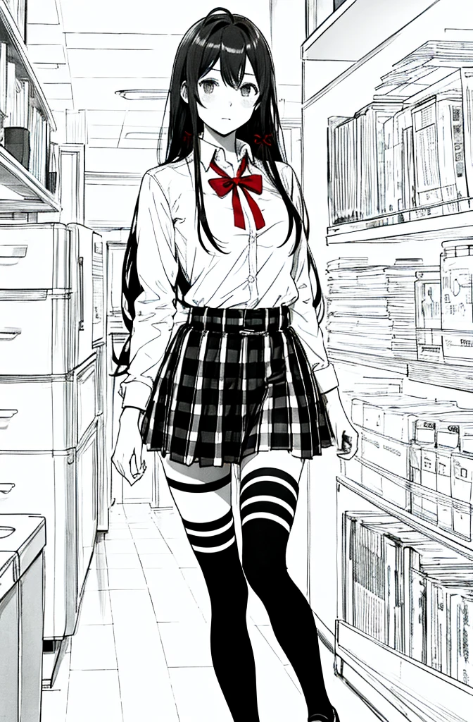 1 girl as yukino yukinoshita, absurdres,  highres, solo, school uniform, big breasts, waist long black hair, (twintails:0.5), miniskirt, black thighhigh socks, loose red ribbon, unbuttoned white shirt