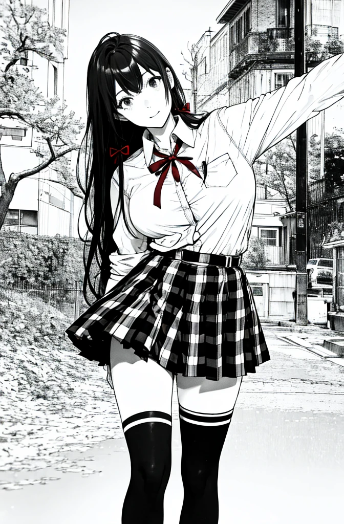 1 girl as yukino yukinoshita, absurdres,  highres, solo, school uniform, big breasts, waist long black hair, (twintails:0.5), miniskirt, black thighhigh socks, loose red ribbon, unbuttoned white shirt