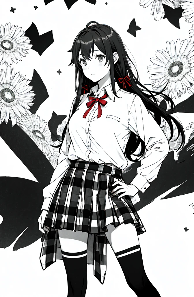 1 girl as yukino yukinoshita, absurdres, highres, solo, school uniform, big breasts, waist long black hair, (twintails:0.5), miniskirt, black thighhigh socks, loose red ribbon, unbuttoned white shirt