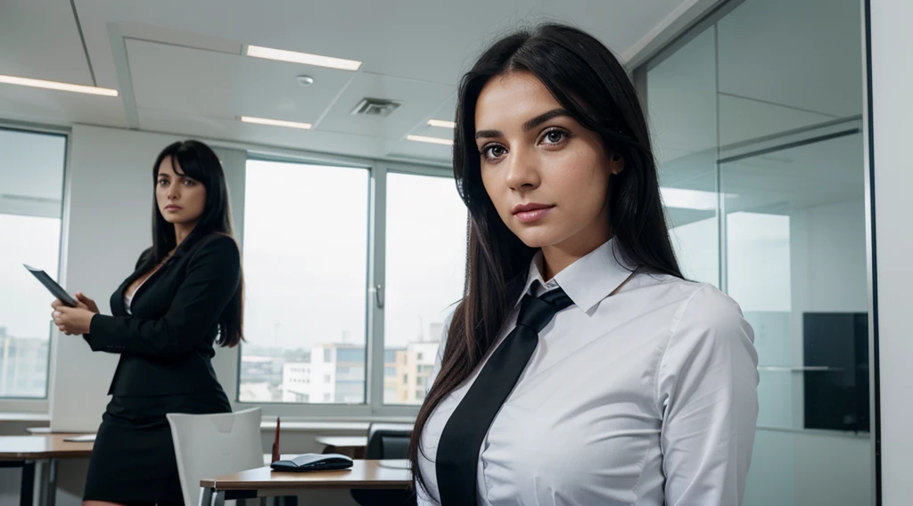 wide angle of an European business woman, wearing full office dress code , presenting in a meeting in office conference, black hairs, beautiful eyes, realistic photography
