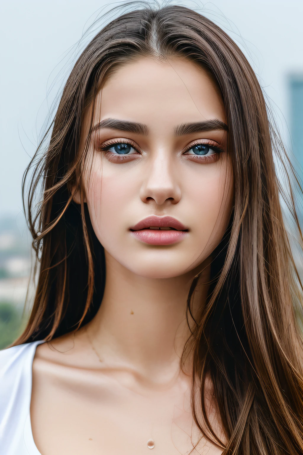 top-quality, masterpiece, 超A high resolution, Photorealsitic, Raw foto, ((one beautiful women)), 22year old, Detailed face, beautidful eyes, depth of fields, the city street, Wet in the rain, White T-shirt with V-neck, Wet and see-through t-shirt, small tits, Faint lips, wetting hair, a wet body, water drop on the skin, (See the viewer's eyes)