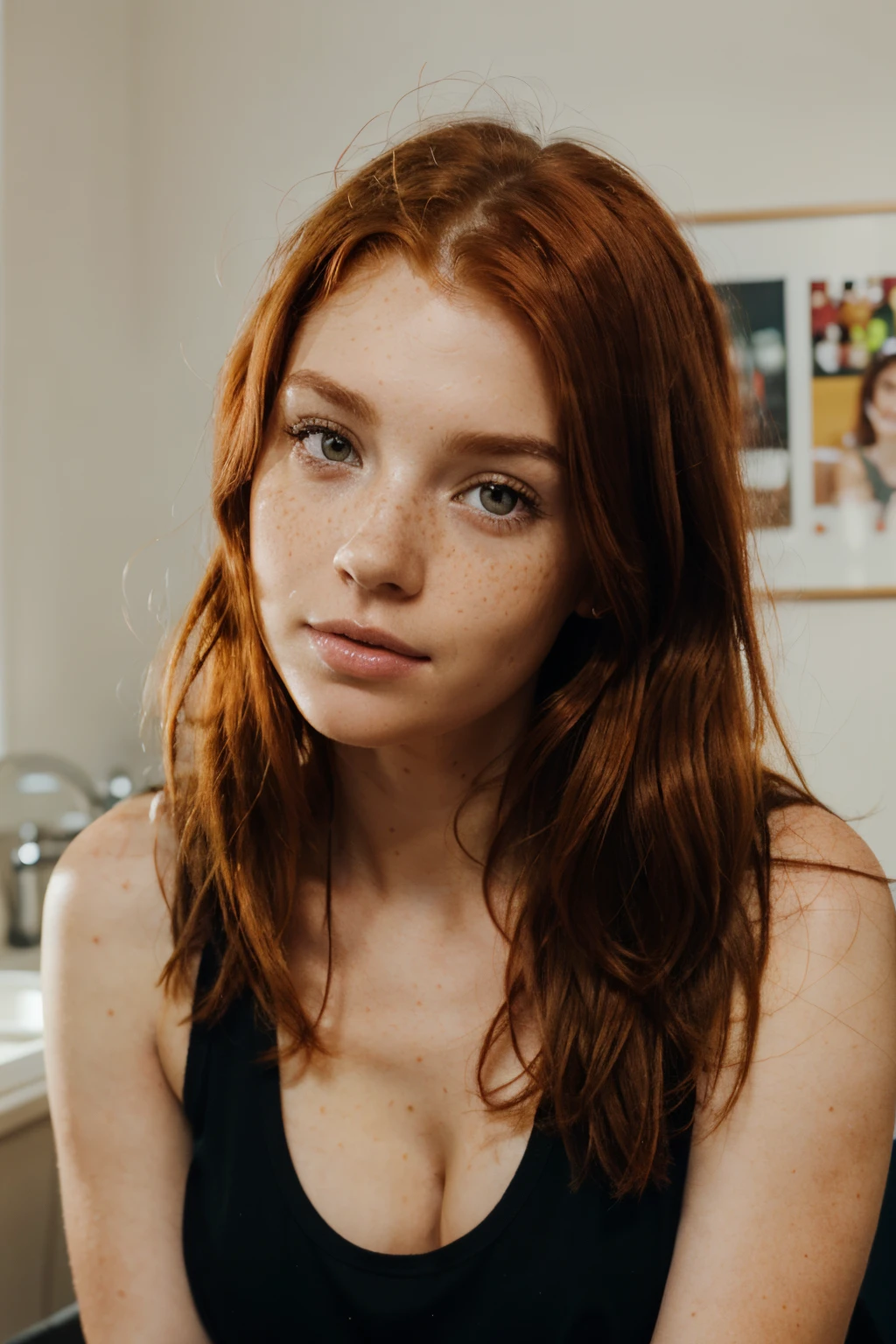 a close up of a woman with long red hair and a black top, ginger hair with freckles, red hair and freckles, hint of freckles, very light freckles, woman with freckles, light cute freckles, elegant freckles, with freckles, light freckles, freckles, thin lustrous auburn hair, red hair and attractive features, cute freckles, ellie bamber, soft freckles