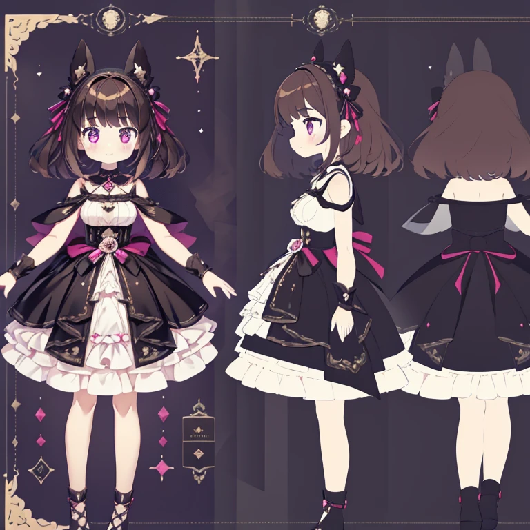 Chara Sheet,character reference sheet, 1 girl, CharacterDesignSheet, ((front-facing view, from side view)) symmetrical elements in clothing,the same character, Clothes simulation detection similar to CLO, Awesome designer, full body Esbian,Goth style, Images of girls, Better hands, black tone, quill, Girly, Sweet Decoration, Candy color scheme, dreamy scene, exquisitedetails, Small and exquisite, Sweet atmosphere, Romantic elements, Girlish emotions, Pink color, Cute decorations, Sweet smile,minidress,A dark-haired,Head dress