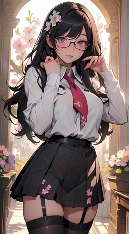 (Long black straight hair)、
(Sexy Beauties、A detailed face、A detailed eye、二重まぶた、eye glasses、embarrassed from、Thick lip)、 
(School Uniforms:1.5)、(black tight and super short pleated skirt:1.3)、(Black garter belt:1.5)、(Black thigh socks:1.5)、 (Colossal tits、Glamorous、Slim waist、wide-hips、Large Thigh)、(zettai ryouiki:1.5)))、
(５Fingered hand、Highly detailed facial and skin texture)、 
Focus on the chest、(Looking at the camera:1.2)、front facing 、Full body posture、(top-quality、8K,​masterpiece)、(Many colorful flowers bloom in the background:1.3)、(NSFW:1.3)、(pussy :1.5)