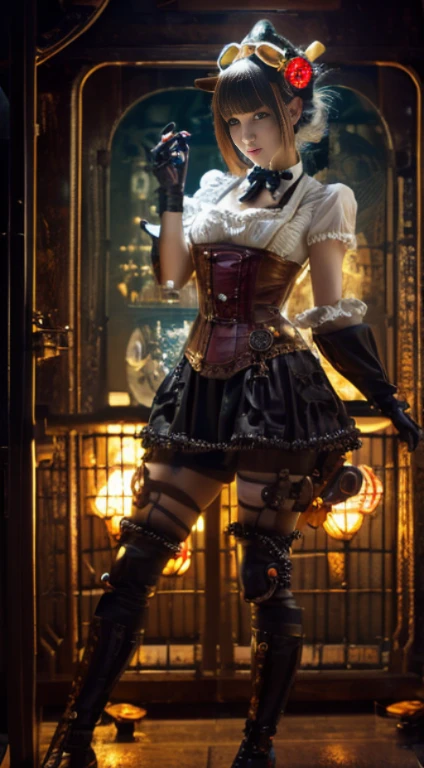 Japanese anime style steampunk illustration、A dimly lit luxury club at midnight,Mechanical prosthesis that only glows under incandescent light,Comes with a steampunk-style mechanical prosthesis and steampunk-style legs.、steampunk bunny headband、Steampunk bunny suit and exposed chest shirt,Emphasizes the thin and transparent crotch、huge bust、Beautiful robot girl serving customers with hands,Delicate and beautiful light red eyes