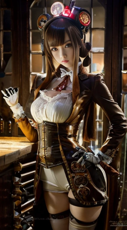 Japanese anime style steampunk illustration、A dimly lit luxury club at midnight，Mechanical prosthesis that only glows under incandescent light，Comes with a steampunk-style mechanical prosthesis and steampunk-style legs.、steampunk bunny headband、Steampunk bunny suit and exposed chest shirt，Emphasizes the thin and transparent crotch、huge bust、Beautiful robot girl serving customers with hands，Delicate and beautiful light red eyes