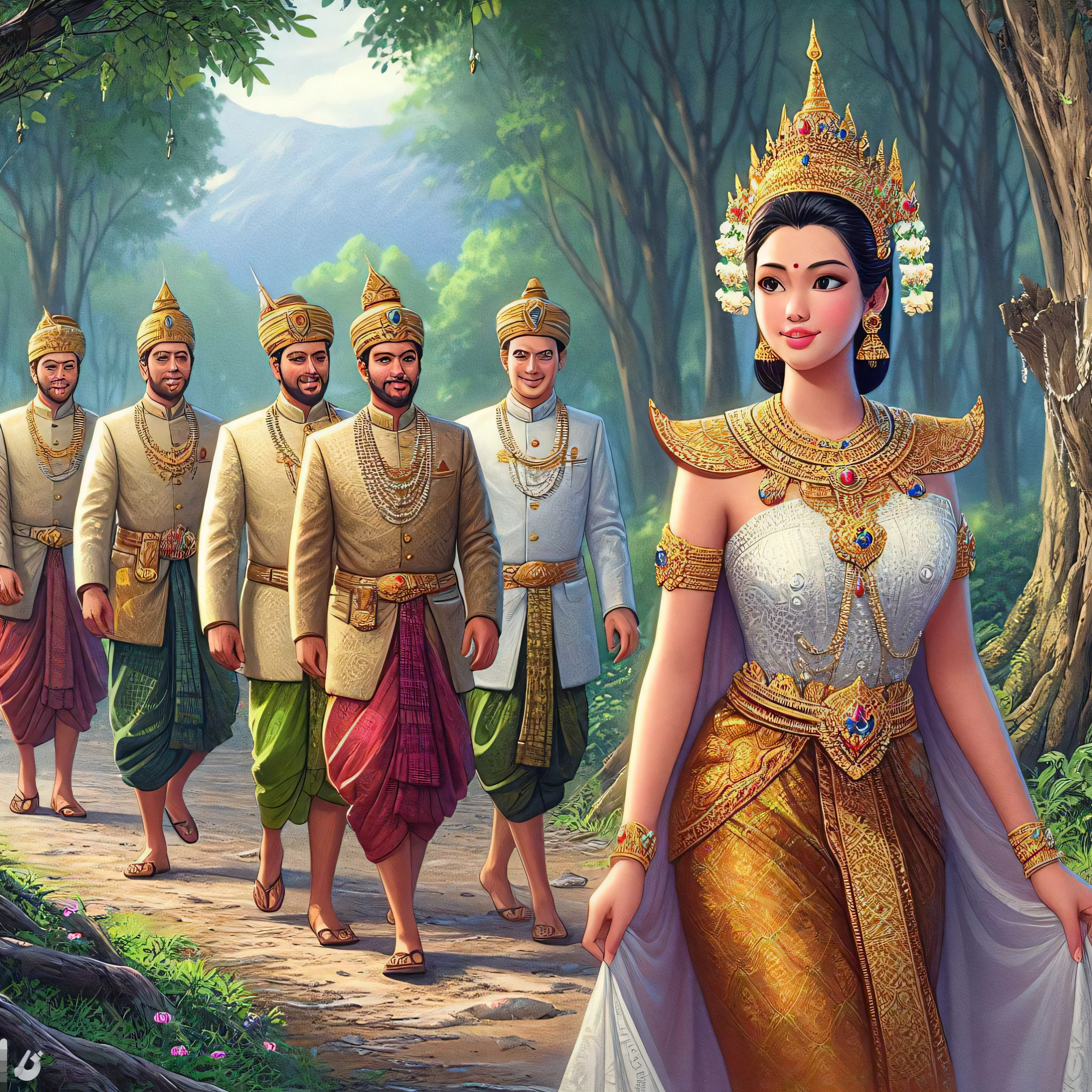 arafed image of a group of people walking down a path, ancient kings in white robes, thailand art, ancient libu princess, nivanh chanthara, a beautiful fantasy empress, traditional, traditional beauty, indian goddess of wealth, from ramayan, angkor thon, godesses, ancient tribe, rendering of beauty pageant, royal woman, goddess queen