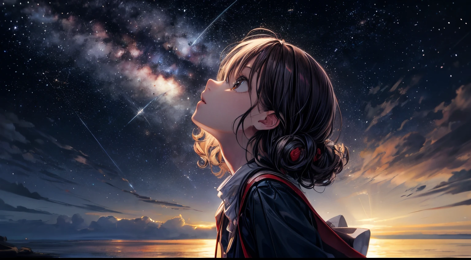 (Best Quality: 1.5), (Super Detail: 1.5), (Best Quality Photo: 1.5), ocean as far as the eye can see, full of stars, meteor shower, horizon, midnight, midnight, scenic, beautiful landscape, galaxy, nebula, light particles, very delicate and beautiful, very detailed, cinematic light, mysterious, cinematic angle, 8k resolution, elegant, perfect, smooth, beautiful girl looking up to the heavens, very cute, curly,