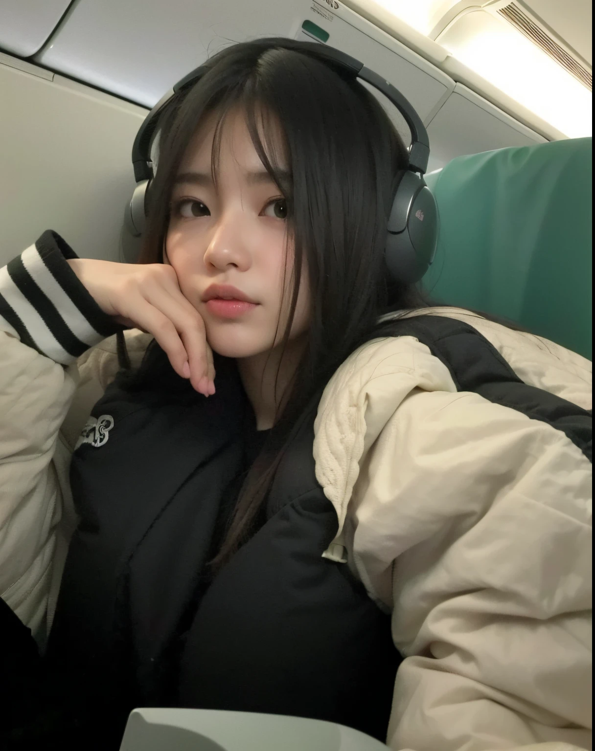 mulher arafa sentada em um trem com fones de ouvido, Ulzzang, Jinyoung Canela, com fones de ouvido, com fones de ouvido, menina coreana, kanliu666, 19-year-old girl, 8k)), Jaeyeon Nam, Xintong Chen, ela tem um rosto bonito, wan adorable korean face, #Oc, Chiho, # Oc