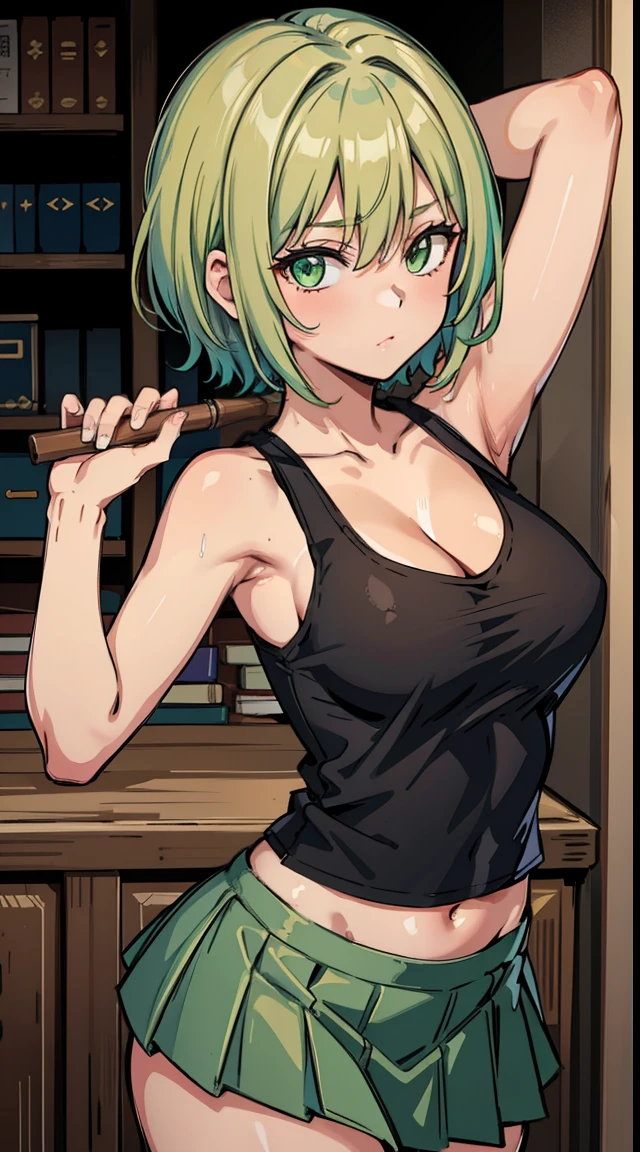 1girl in, 8k wallpaper、masutepiece、Best Quality、((独奏)) 、focus, Cowboy Shot, looking at viewer,((Half Aqua, Half Green, head hair)), (Yellow hair), (gradation short hair :1.5), Curly hair, ((light green eyes)), ultradetailed eyes, (medium ,cleavagk tops,Caramel Black Skin:1.4),a navel,(white panty),cammel t6,BREAK((Light green pleated skirt,skirt rift)),Show the armpits,BREAK(Inside the antique library)