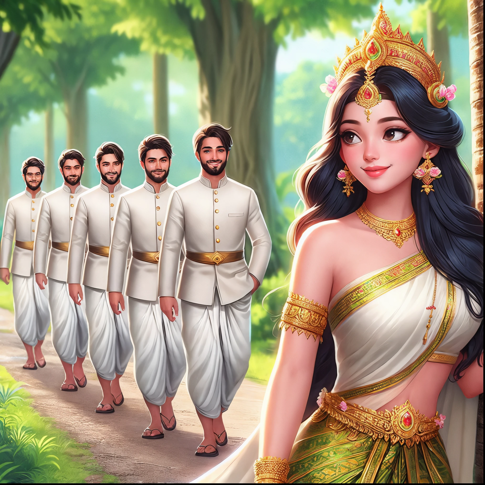 a close up of a woman in a white dress with a group of men in white, indian goddess of wealth, inspired by Raja Ravi Varma, beautiful avatar pictures, hindu aesthetic, of indian princess, indian goddess, godesses, portrait of modern darna, assamese aesthetic, ashoka tano, goddess of beauty, rendering of beauty pageant, idian dress