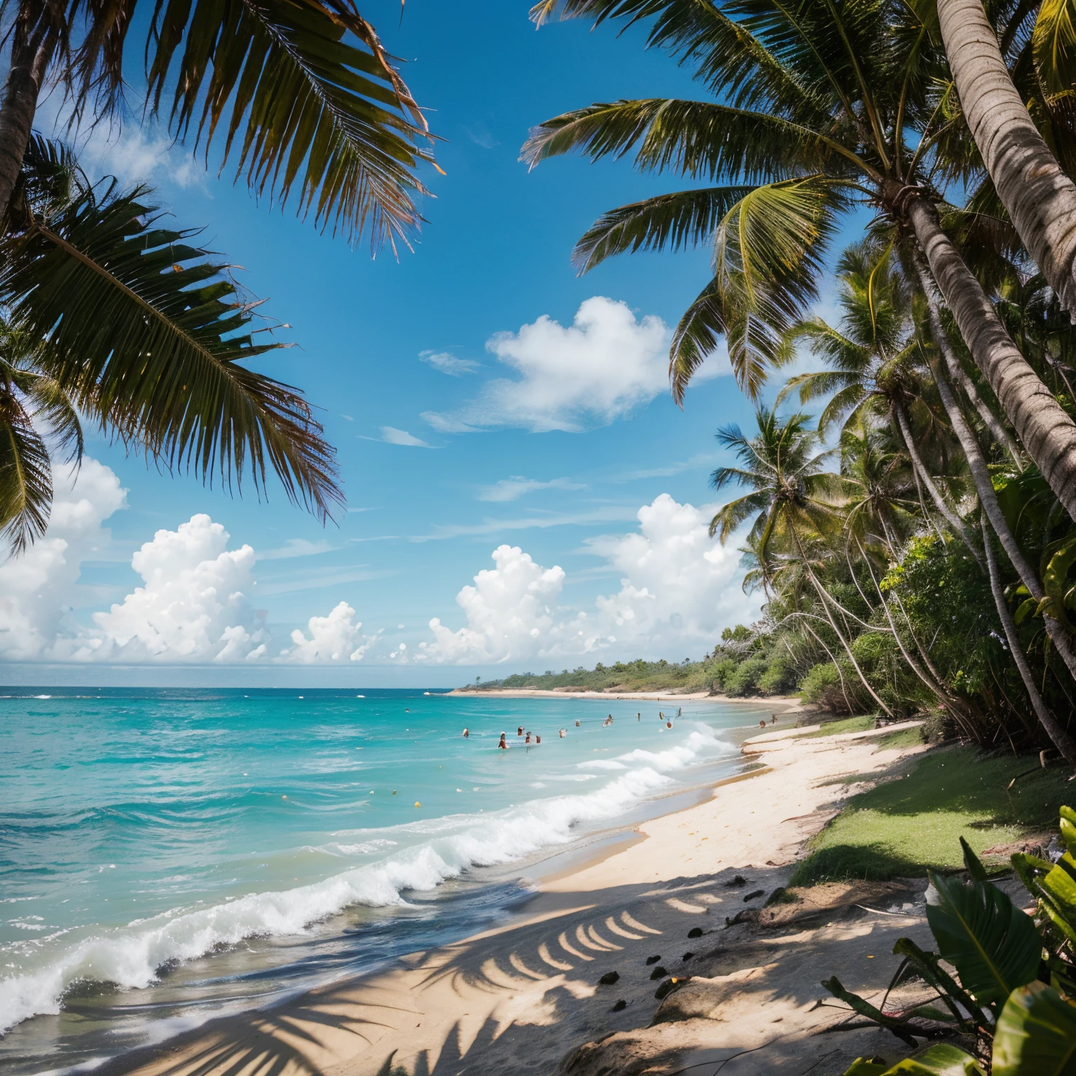Generate a vivid description of a surfer riding a perfect wave on an idyllic beach. Destaque a beleza da paisagem com areias douradas, coconut trees swaying gently in the wind and lush vegetation. Describe the surfer in action, capturing the essence of the emotion and serenity of this idyllic setting.