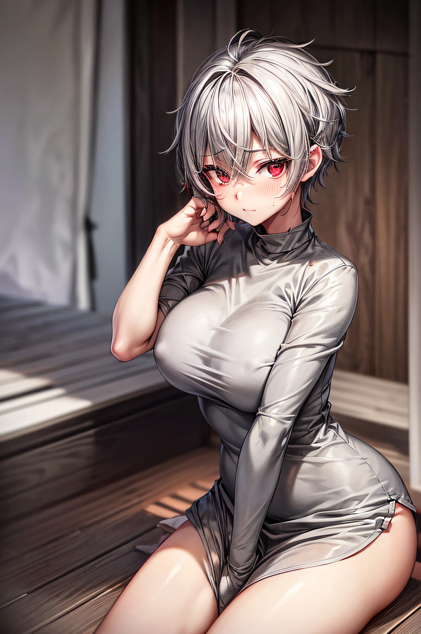 ((Best Quality, 8K, )) (( , Ash Gray ,Short hair, Bright red eyes、Big breasts :1.4)) Highly detailed facial and skin texture, Detailed eyes, 二重まぶた, Cute。((top-quality、8K、masterpiece:1.3))、sharp:1.2、perfectbodybeauty:1.4、)hot onsen:1.2、natta、Embarrassed look、cheeks are a little red、Delicate images、Seductive poses、sauna、Steeped in hot water