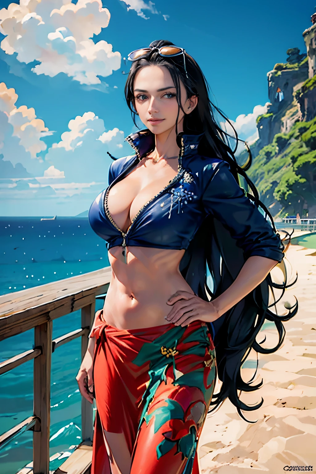 (((masterpiece))), NicoRobin, 1girl, solo, full body, long hair, looking at viewer, smile, blue eyes, large breasts, black hair, navel, holding, cleavage, closed mouth, standing, collarbone, jacket, short sleeves, cowboy shot, outdoors, sky, day, midriff, cloud, water, stomach, blue sky, crop top, groin, hand on hip, ocean, sunglasses, eyewear on head, zipper, cropped jacket, high collar, unzipped, sarong, hair slicked back, partially unzipped, print sarong,