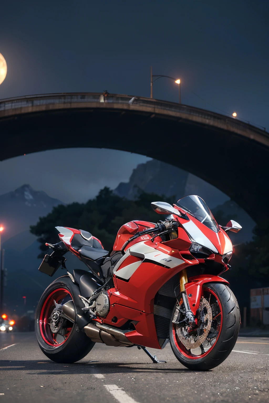 (1 Cyberpunk mecha hummananoid)(1 humanoid  mecha man), mecha man is in a Black and red trim leather race suit riding on a black and red futuristic Ducati Panigale V4 race motorcycle, the mecha man is popping a wheelie on a back mountain streets at night, Stars and moon are bright the sky is dark, center curved composition, view point is from the front side, red and Black theme, motor sports photography, game cg, cycles4d render, cycles 3 d render, racing, rgp artwork, dark hangar background, yellow back light, cycle render, hyper-detailed masterpiece:1.5), (beautifuly intricate:1.5), (aesthetic + beautiful + harmonic:1.5), (hyper-detailed face, hyper-detailed eyes, hyper-detailed mouth, hyper-detailed body, hyper-detailed hands, hyper-detailed clothes, and hyper-detailed scenery:1.5), (sharpen details:1.2), high detail, Realism, Futurism,Cyberpunk, glowing light, masterpiece, super detail, high details, award winning, high details, (best quality:1.5)