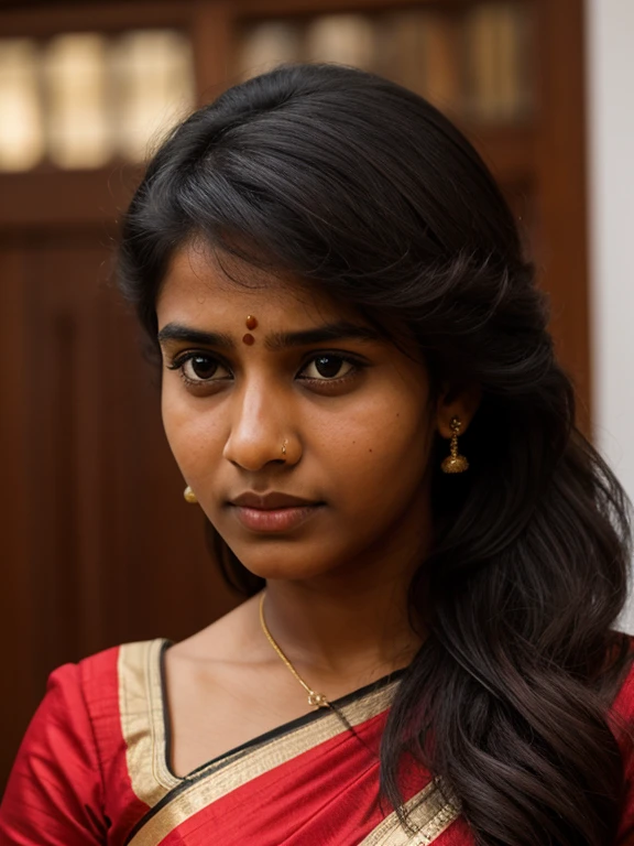 Face portrait of a 20 year old Tamil girl with (tired:1.6 expression)