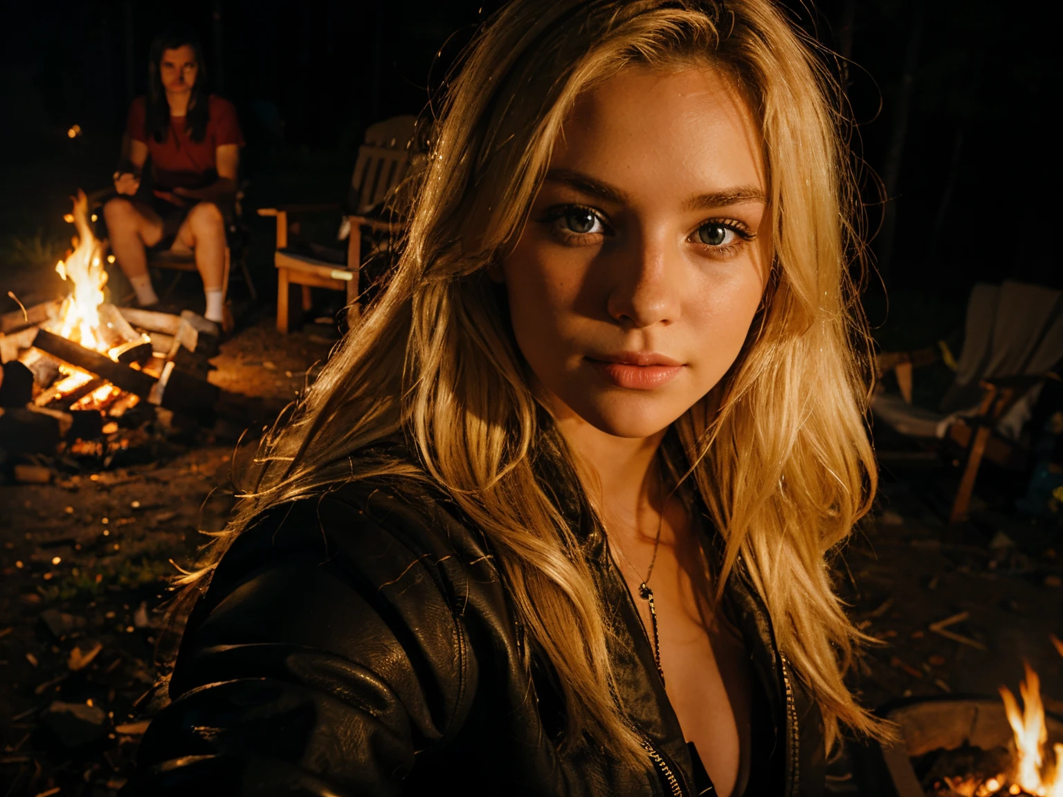 blonde beauty, selfie, campfire, night