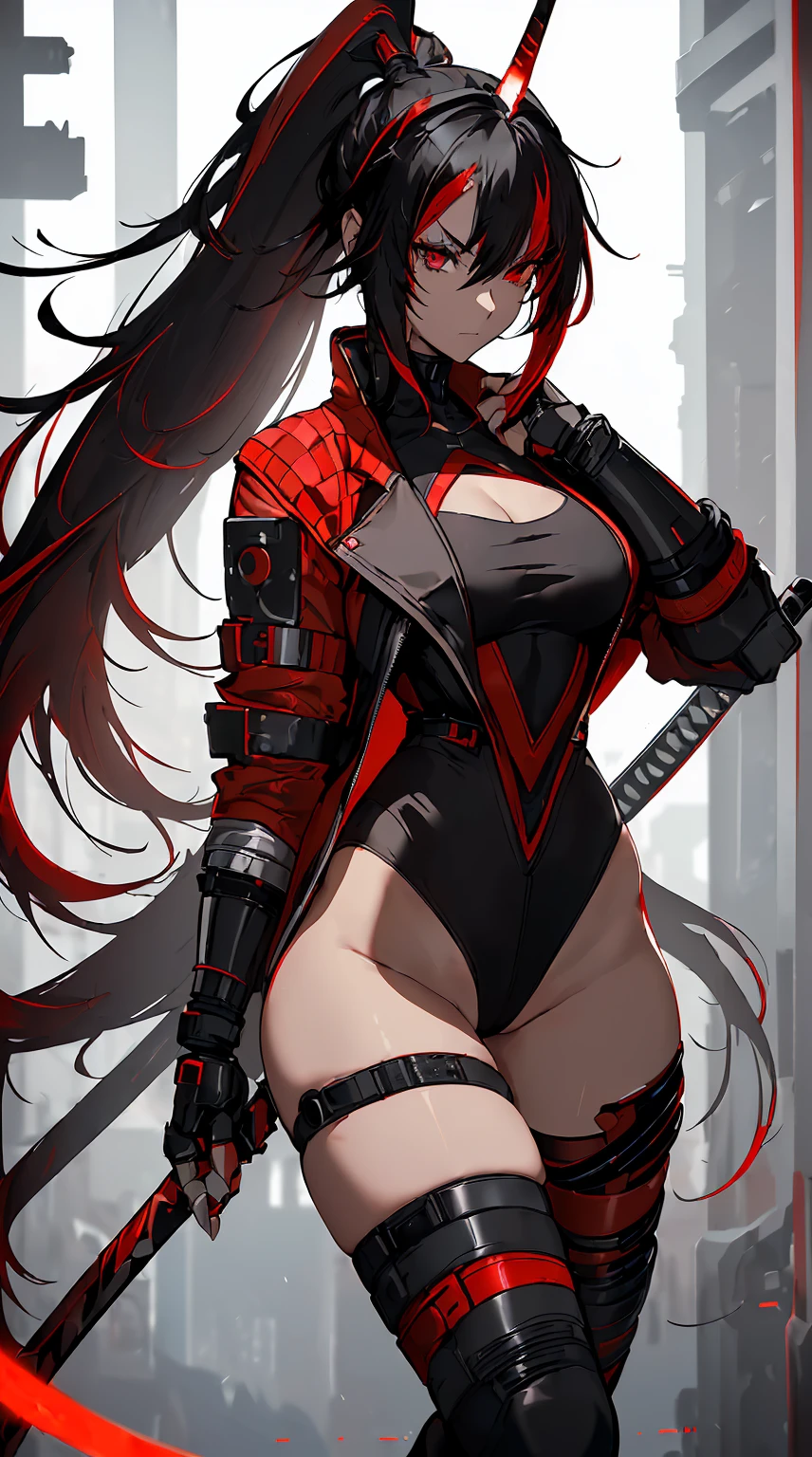 (best quality:1.3, masterpiece, anime) (solo) ((black hair:1.8), (hair with red highlights:1.7), (very long hair, single ponytail)), ((heterochromia_eyes_red_and_grey:1.4)), thick thighs, huge breasts, muscular, athletic, (cyborg:1.6), (robot arms:1.4), (robot legs:1.4), ((highcut leotard:1.8), one-piece, red_black_outift:1.3,) cleavage)), (jacket:1.3), (headgear, horn-like devices), toned body, 1 woman, (age 26), ((holding sword:1.6, katana, glowing)), beautiful, sexy, first rate body, (Lucia_Crimson_Weave:1.4), Lucia