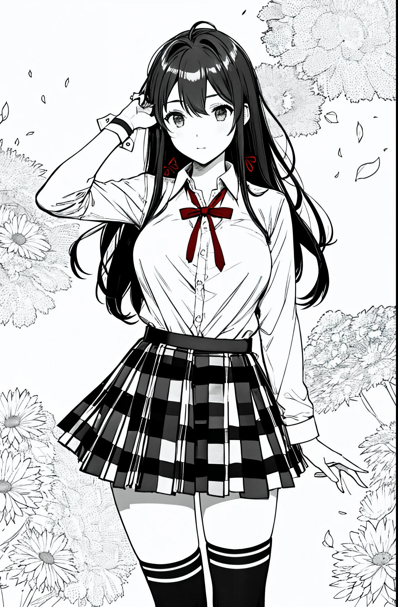 1 girl as yukino yukinoshita, absurdres, highres, solo, school uniform, big breasts, waist long black hair, (twintails:0.5), miniskirt, black thighhigh socks, loose red ribbon, unbuttoned white shirt