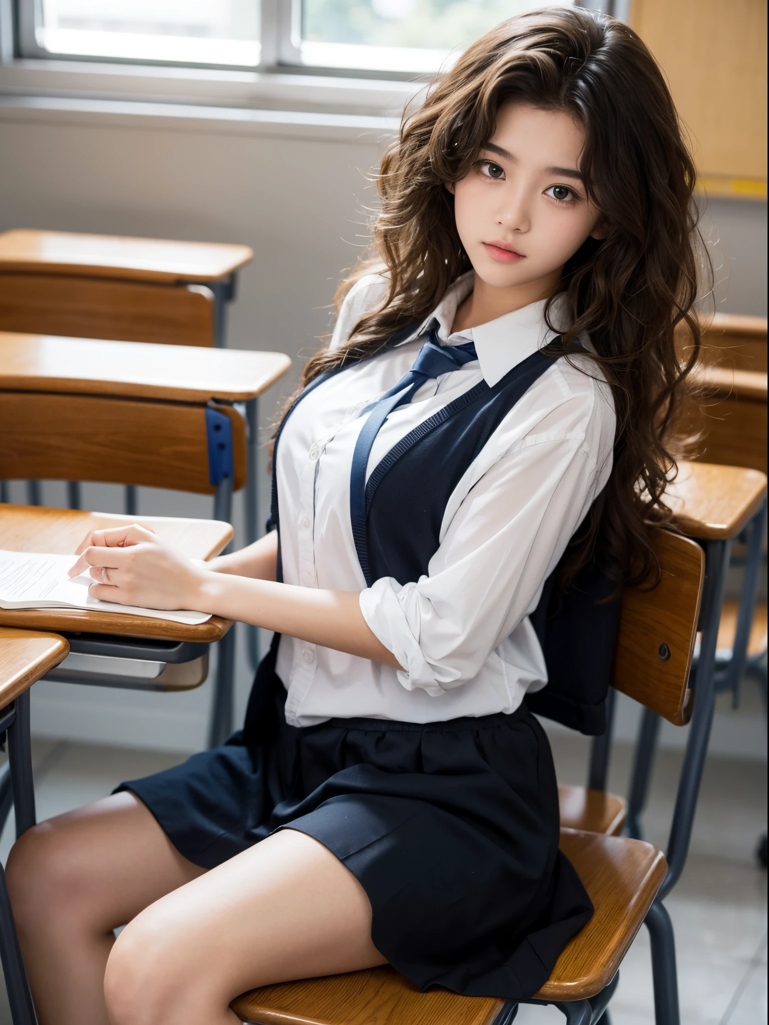 boy, 17 y.o, curly hair, highschool uniform, classroom