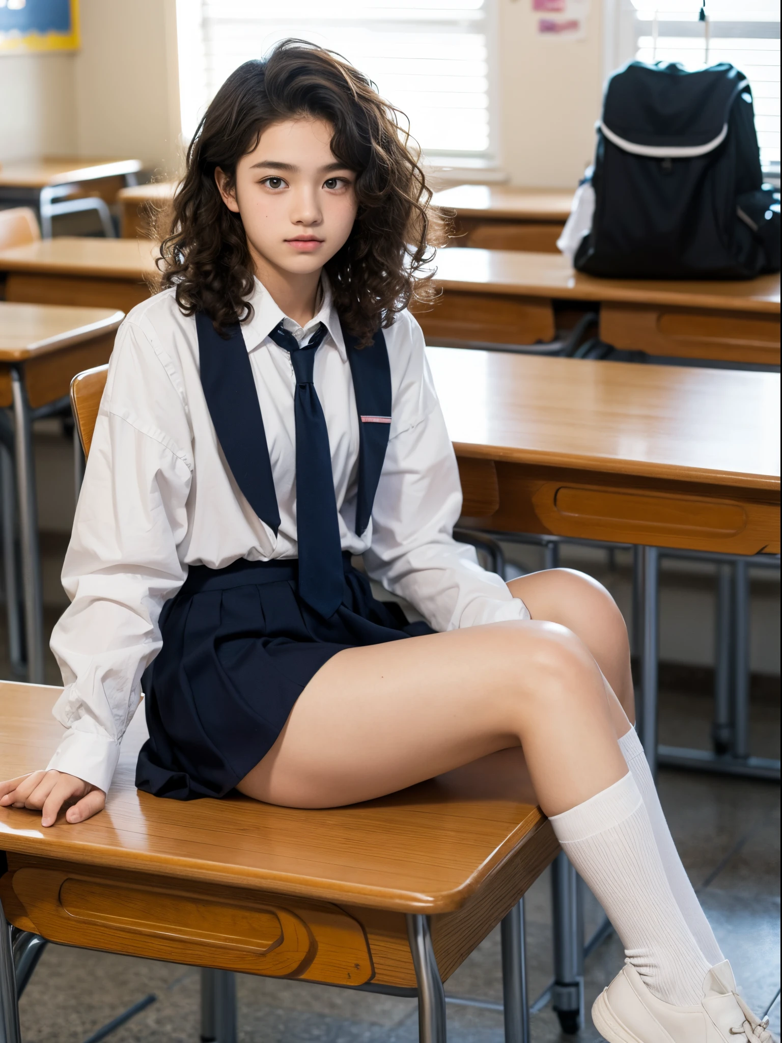 school uniform,sitting on a chair,showing panties,white panties,classroom,