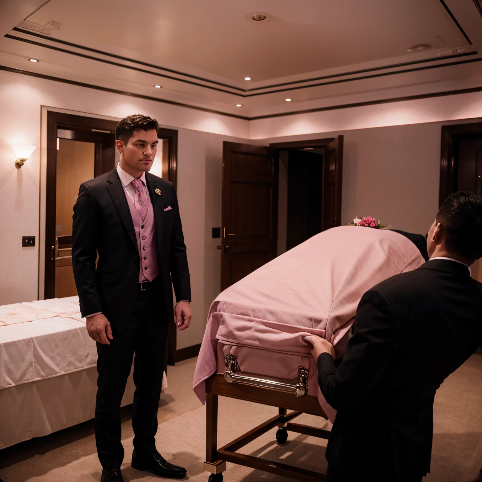 A man standing over a woman in a casket with a pink rose in his suit pocket