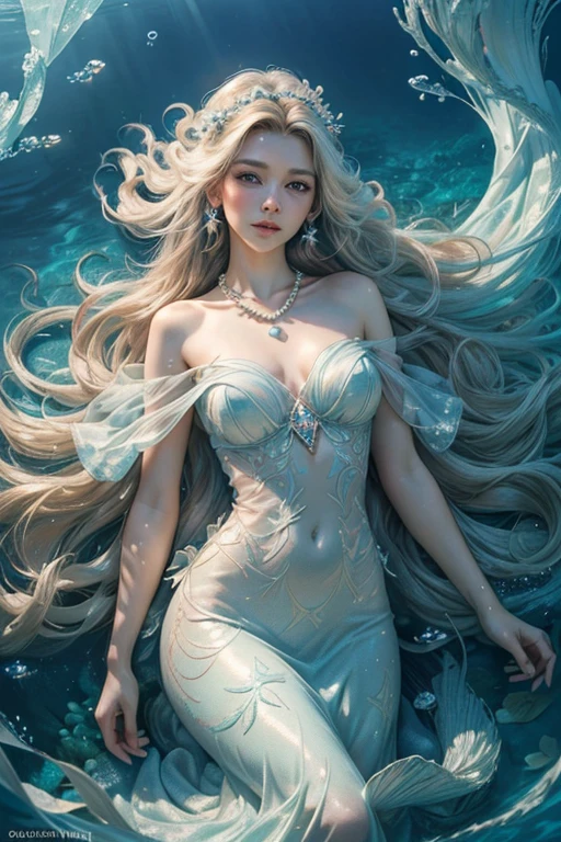 (best quality,4k,8k,highres,masterpiece:1.2),ultra-detailed,(realistic,photorealistic,photo-realistic:1.37),watercolor portrait,beautiful woman merfolk,serene eyes,flowing long hair,pearl necklace,ethereal underwater kingdom,sparkling scales,graceful movements,seaweed and coral backdrop,soft pastel colors,gentle sunlight filtering through the water.