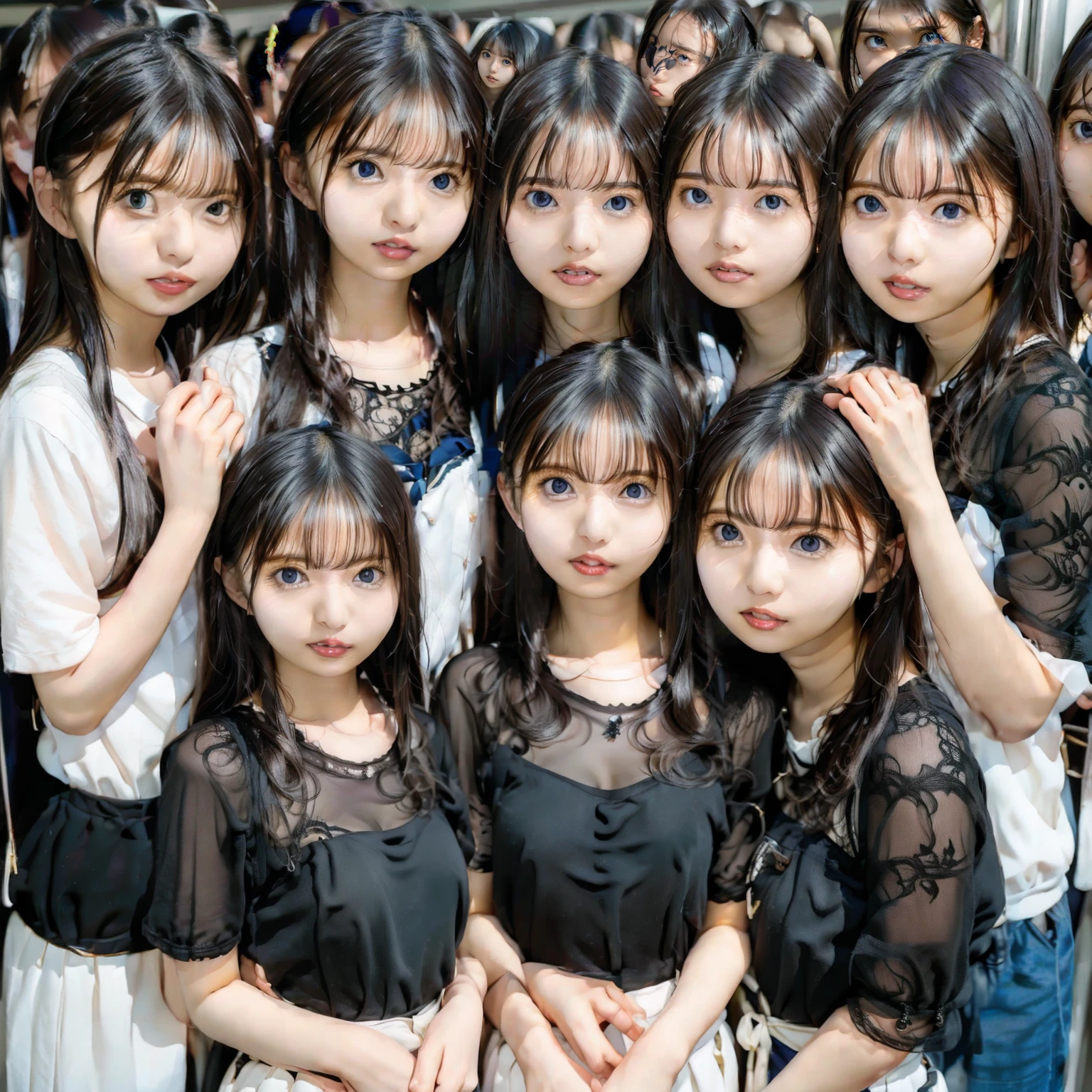 Raw photo、(((multiple girls))),((((6+girls)))),((((1000girls)))),(((10000girls)))、(((crowd shot))),((a baby face)),(((Adhesion)))、((Crammed))、((Packed))、elementary student、(Inside the crowded train)、(((6 years old)))、Women only、japanes、((Same height))、The same face、((A dark-haired)),Longhaire、1000 cute women hugging and loving each other、(((Large group)))、((chiquita))、sweating、joyous expression、A crowded train full of ***********s