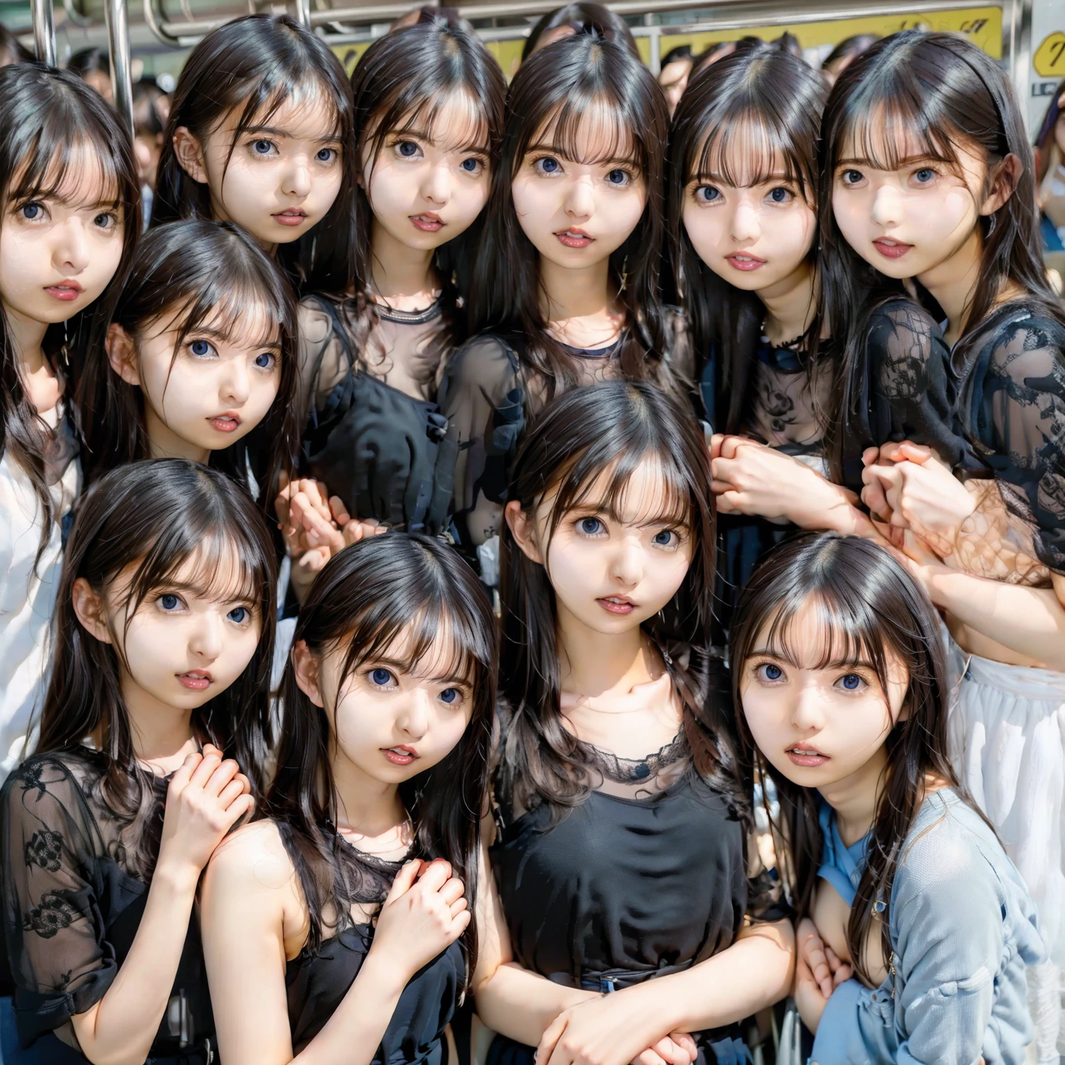 Raw photo、(((multiple girls))),((((6+girls)))),((((1000girls)))),(((10000girls)))、(((crowd shot))),((a baby face)),(((Adhesion)))、((Crammed))、((Packed))、elementary student、(Inside the crowded train)、(((6 years old)))、Women only、japanes、((Same height))、The same face、((A dark-haired)),Longhaire、1000 cute women hugging and loving each other、(((Large group)))、((chiquita))、sweating、joyous expression、A crowded train full of ***********s