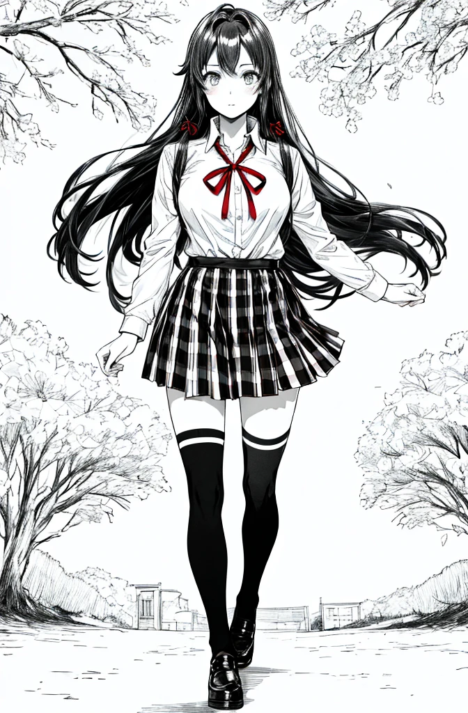 1 girl as yukino yukinoshita, absurdres, highres, solo, school uniform, big breasts, waist long black hair, (twintails:0.5), miniskirt, black thighhigh socks, loose red ribbon, unbuttoned white shirt