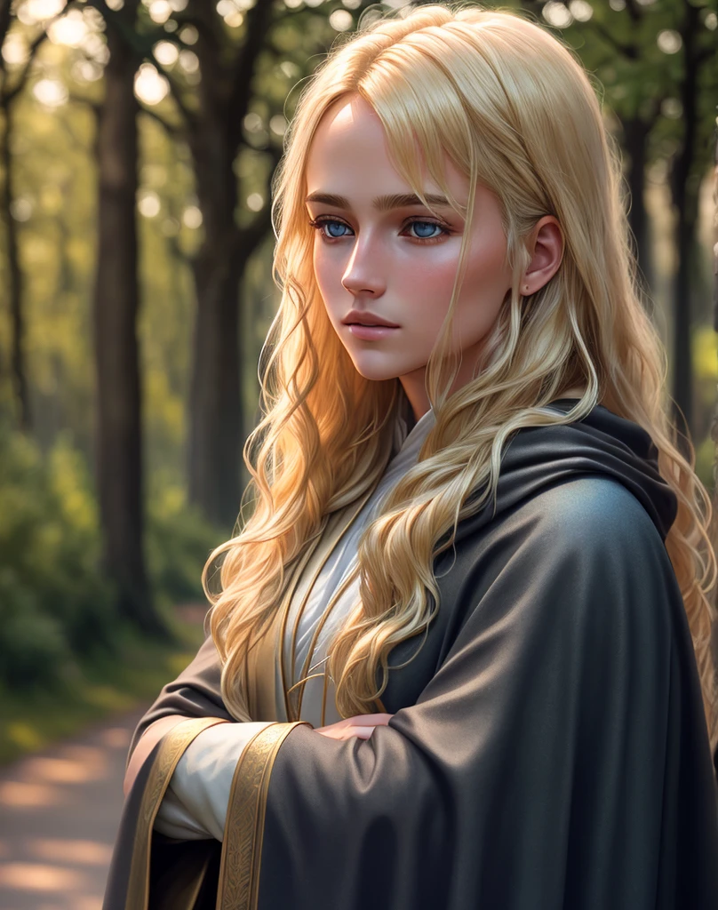 Detailed and realistic photograph of a Human with smooth silky blonde hair, filmed outside in the evening light, Dramatic natural lighting, 85mm Lens, magic photography, lighting dramatic, photorealism, ultra-detail, Cinestill 800T, Druidic Attire, Thin cloak, Woman, model-like figure, tomboy.