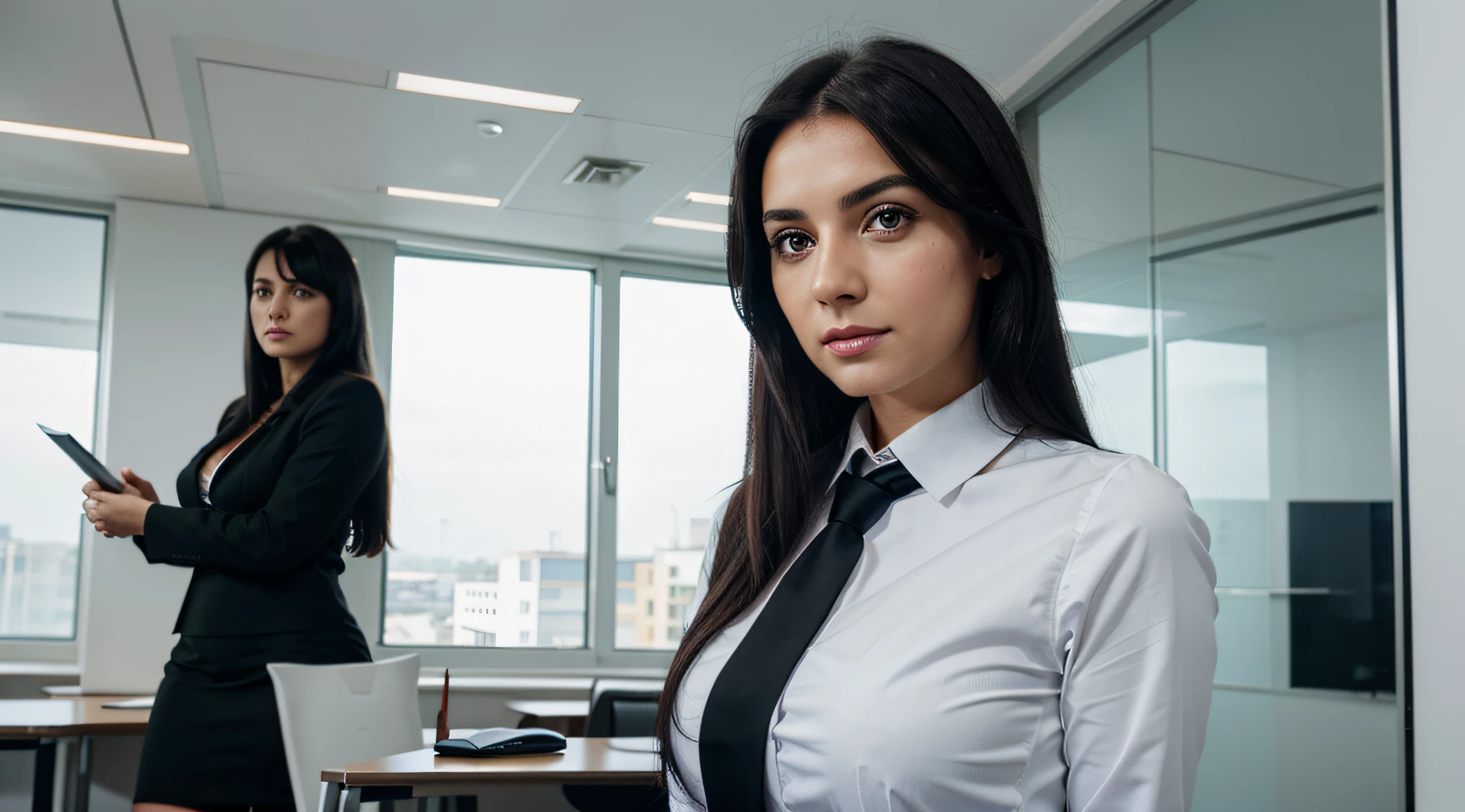 wide angle of an European business woman, wearing full office dress code , presenting in a meeting in office conference, black hairs, beautiful eyes, realistic photography