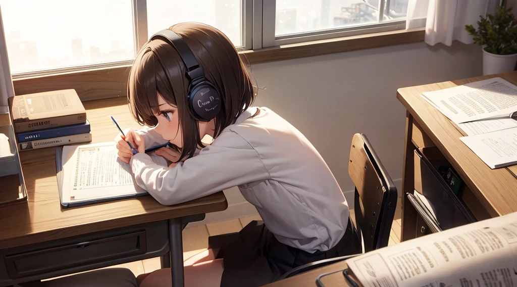 Cute girl, petite, short bob, dark brown paper, serious brown eyes, small nose, closed mouth, casual clothes, studying, desk, notebook, writing with pencil, headphones, own room, bookshelf, table light, window , it's snowing outside in Christmas mode, profile, wide angle, rule of thirds, rembrandt lighting, soft light, Studio Ghibli,sitting, studying,distant view, wide angle,Panoramic,Depth