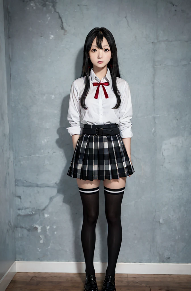 1 girl as yukino yukinoshita, absurdres, highres, solo, school uniform, big breasts, waist long black hair, (twintails:0.5), miniskirt, black thighhigh socks, loose red ribbon, unbuttoned white shirt