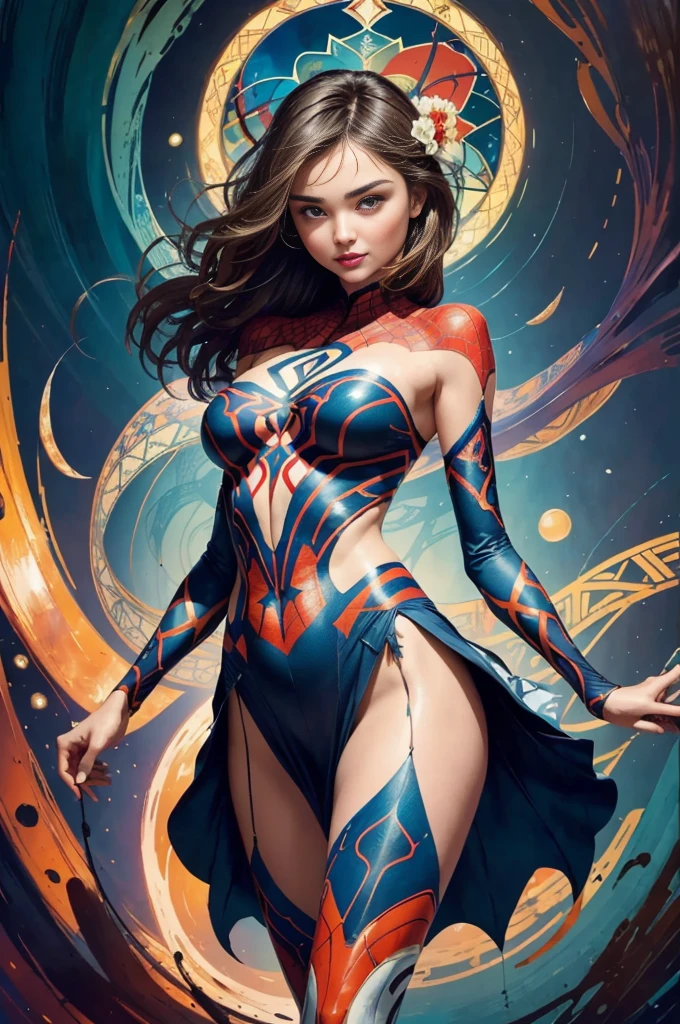 Miranda Kerr、Sticking out the navel、newyork、She wears a torn Spider-Man suit,wearing skirt、abstract photorealistic、artistic、Alphonse Mucha's painting(masterpiece、top-quality、hight resolution:1.4)、detaileds、intricate-detail、4K、color splashes、line-drawing、Fibonacci、