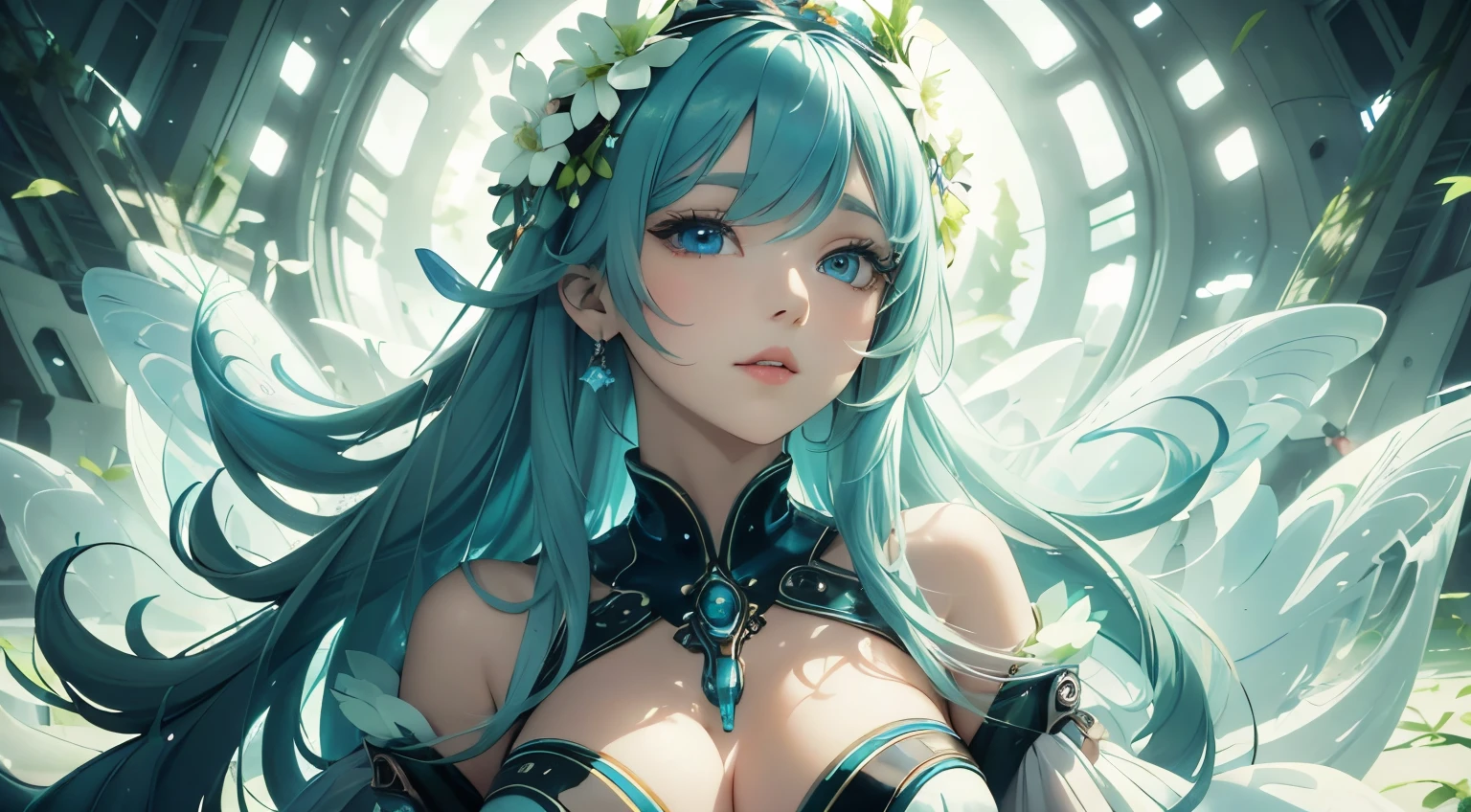 (best quality),(masterpiece:1.2), (colorful:0.9), clear sharp focus, model shot, (full body), (portrait goddess of spring:1.5), cute expression, elegant blue colored hair, beautiful detailed face and eyes, elegant goddess clothing, (futuristic natural background)